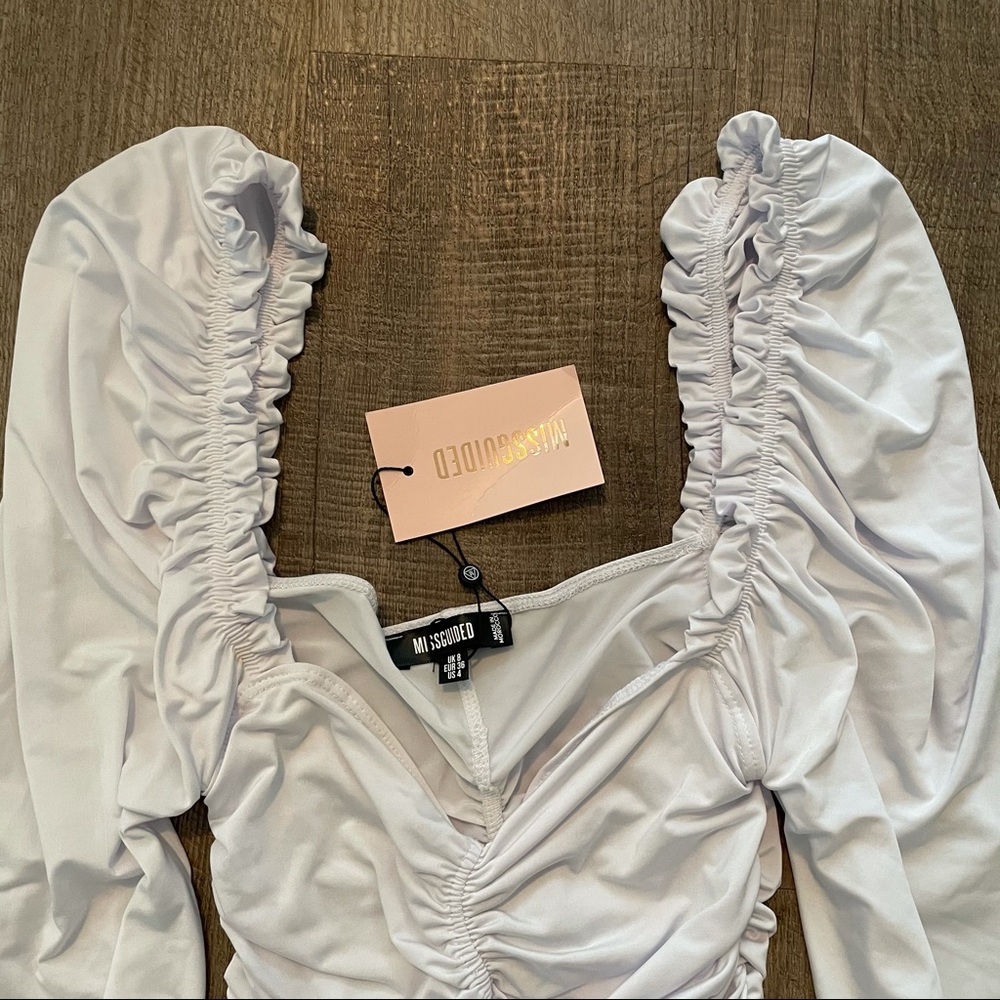 Missguided white ruched milkmaid top long sleeve puff shoulder